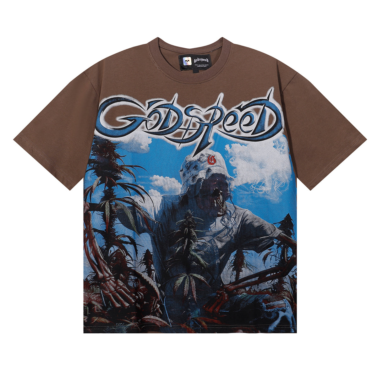 Godspeed T-shirts Blue Sky White Clouds Poppy Skull Planting Printing Cotton Casual Short Sleeves Men and Women