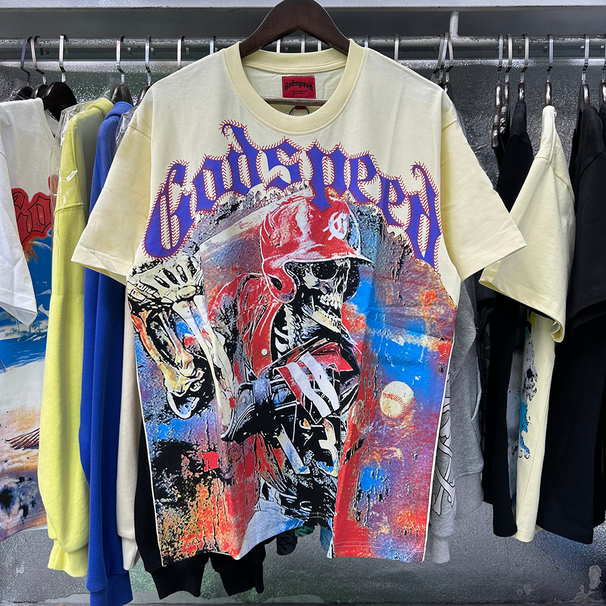 Godspeed T-shirts Skull Baseball Players Printed Cotton Casual Short Sleeves Men and Women