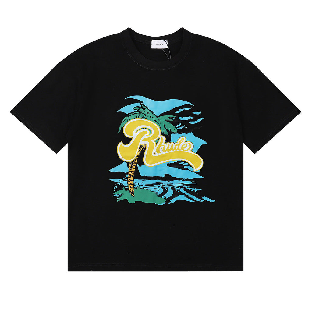 Rhude T-shirt Alphabet Coconut Racing Pattern Short Sleeve T-shirt