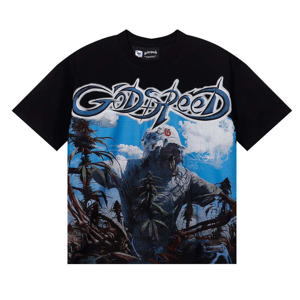 Godspeed T-shirts Blue Sky White Clouds Poppy Skull Planting Printing Cotton Casual Short Sleeves Men and Women